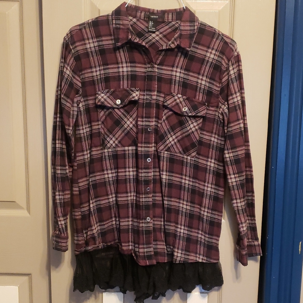 Forever 21 Button Down Shirt with Long Sleeves and Lace Trim